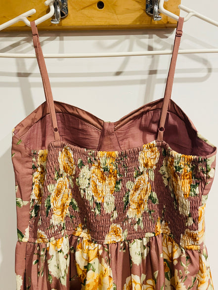 Robe longue florale rose mauve - imprimé roses jaunes - bretelles fines - style bohème été - Taille Medium