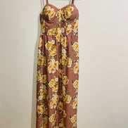 Robe longue florale rose mauve - imprimé roses jaunes - bretelles fines - style bohème été - Taille Medium