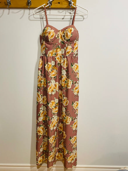 Robe longue florale rose mauve - imprimé roses jaunes - bretelles fines - style bohème été - Taille Medium