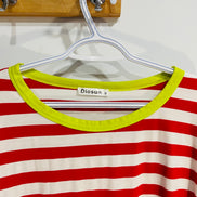 Chandail rayé blanc et rouge, manches et col jaune - Diosun - Taille Medium