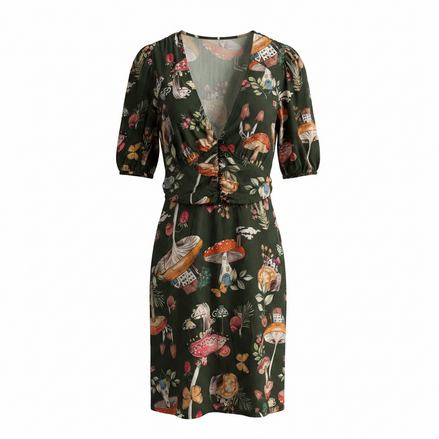 Robe verte motifs champignons, manches courtes bouffantes / Lez a Lez / Taille small