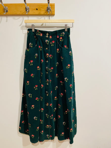Jupe longue corduroy verte - motif floral - vintage - taille 4