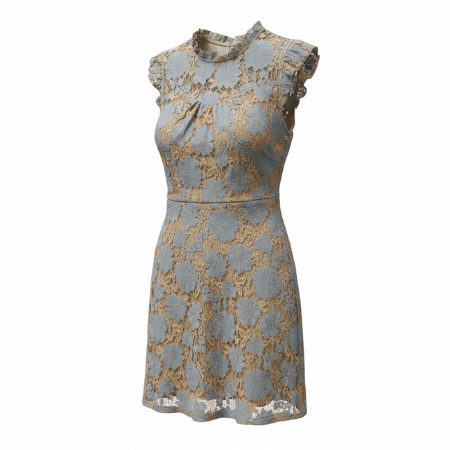 Robe courte, sans manches, bleue et beige, tissus dentelle/ Monteau / taille médium