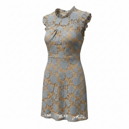 Robe courte, sans manches, bleue et beige, tissus dentelle/ Monteau / taille médium