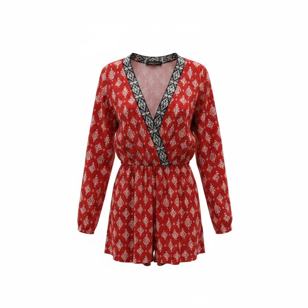 Jumpsuit rouge Parisian - imprimé géométrique - col V brodé - manches longues - Grandeur 12