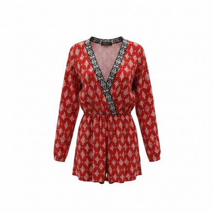 Jumpsuit rouge Parisian - imprimé géométrique - col V brodé - manches longues - Grandeur 12