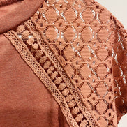 Haut rose terracotta - empiècements dentelle crochet - encolure ronde - manches courtes - Shein - Taille Large