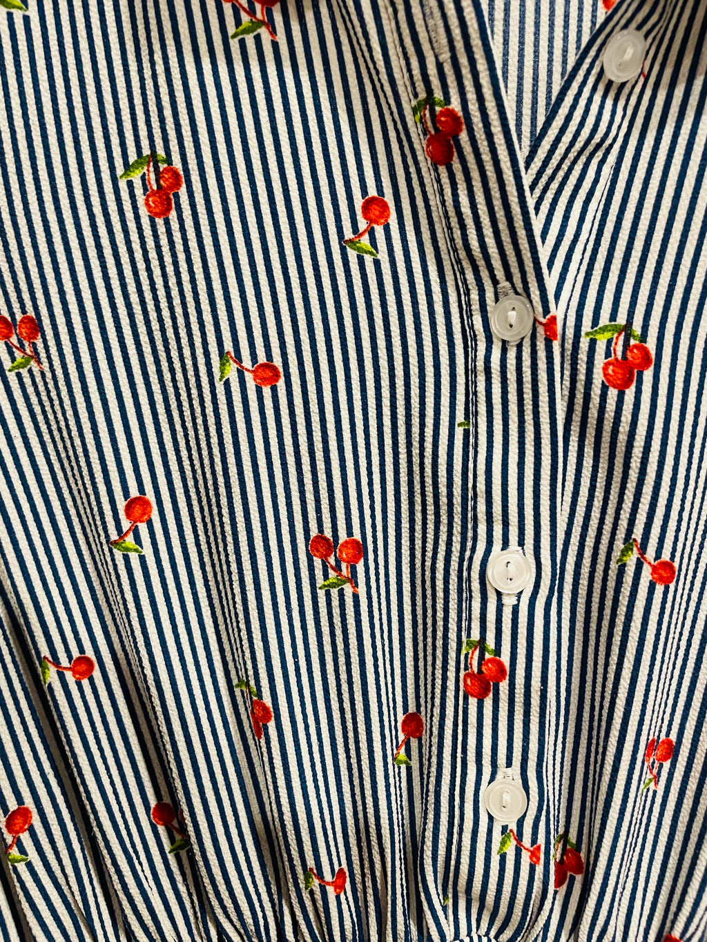 Robe chemise Monteaux - rayures bleu blanc imprimé cerises - taille élastique - Taille Large