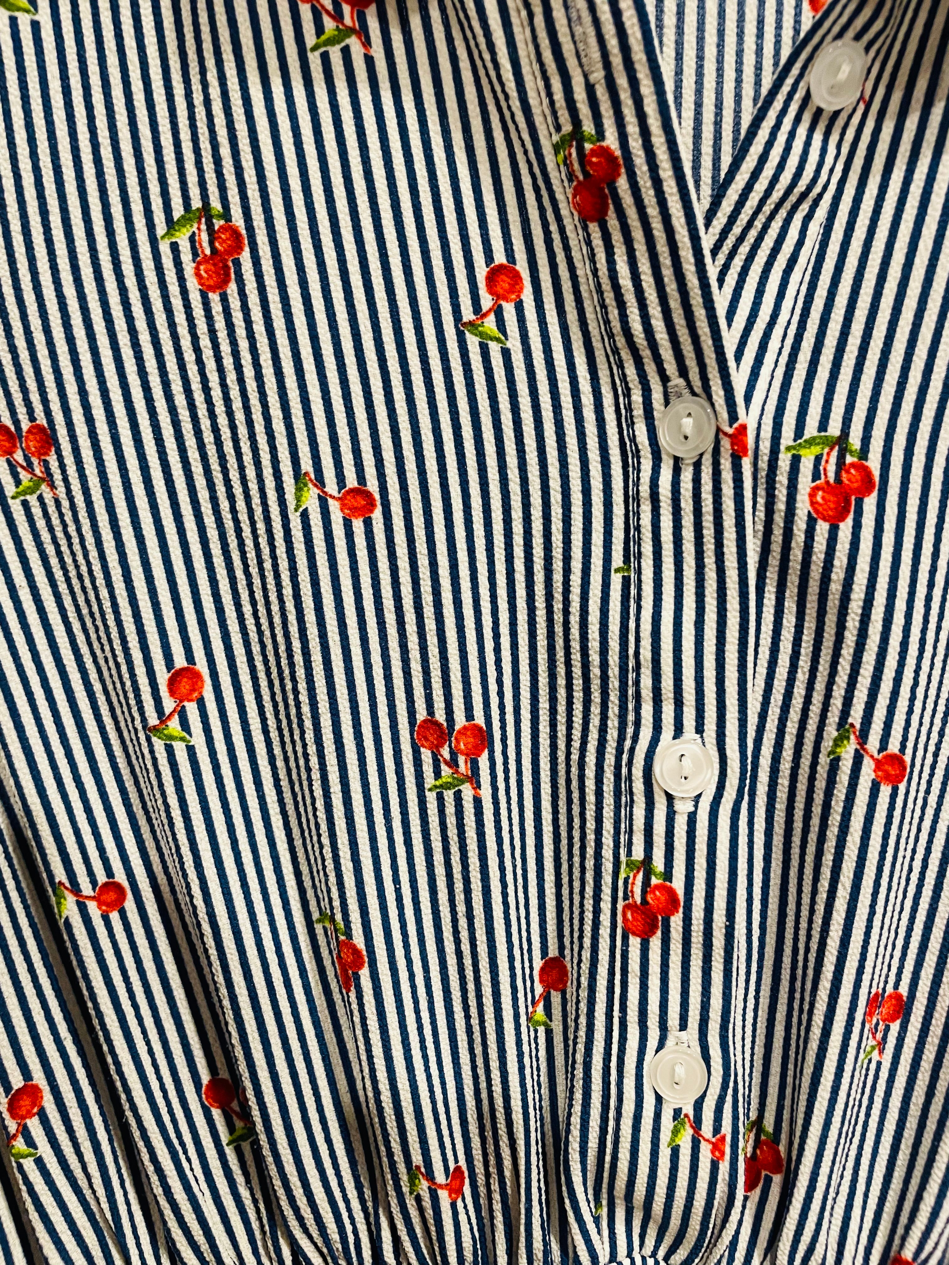 Robe chemise Monteaux - rayures bleu blanc imprimé cerises - taille élastique - Taille Large