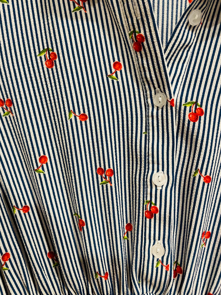 Robe chemise Monteaux - rayures bleu blanc imprimé cerises - taille élastique - Taille Large
