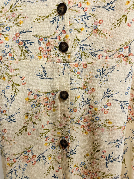 Robe florale crème Monteaux - boutons aspect bois - manches volants - Taille Small
