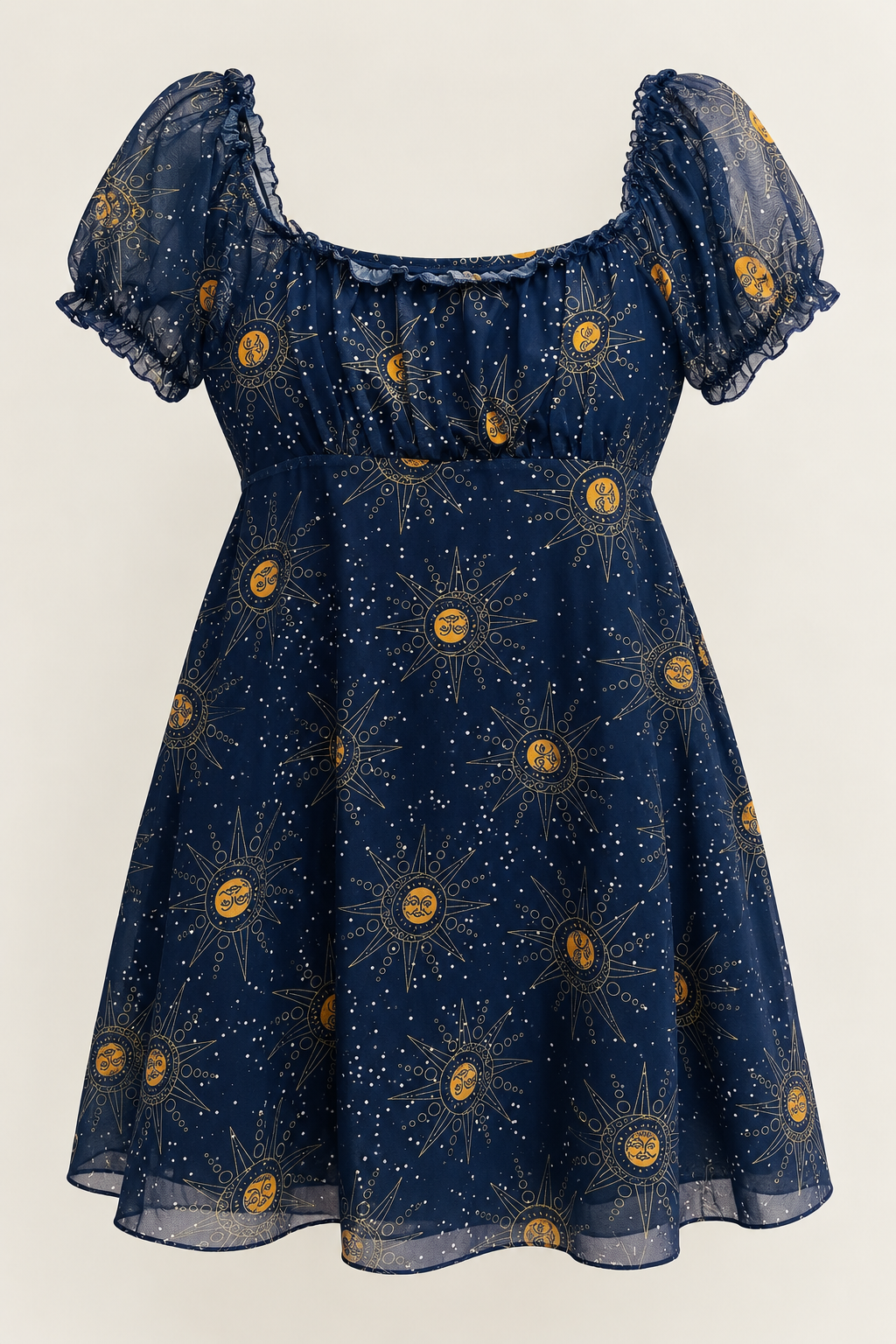 Robe mesh bleu marine imprimé céleste - Cider - manches bouffantes - style cottagecore mystique - Taille XLarge