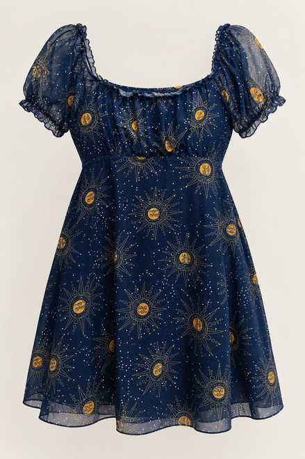Robe mesh bleu marine imprimé céleste - Cider - manches bouffantes - style cottagecore mystique - Taille XLarge
