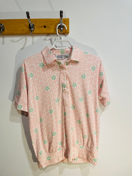 Chandail manches courtes, fleurs roses et vertes / Vintage / Talle XL