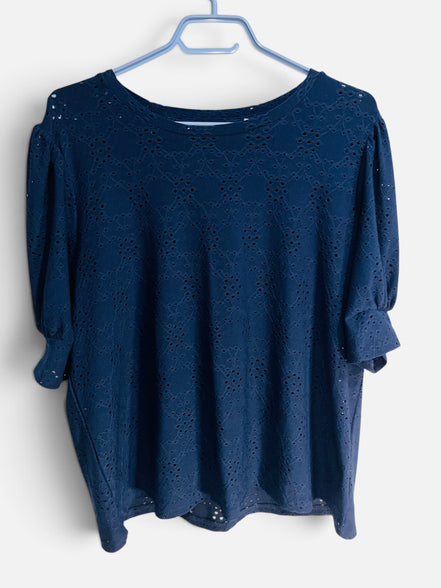 Haut bleu texture dentelle manches courtes / Blumind/ taille XL