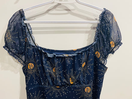 Robe mesh bleu marine imprimé céleste - Cider - manches bouffantes - style cottagecore mystique - Taille XLarge