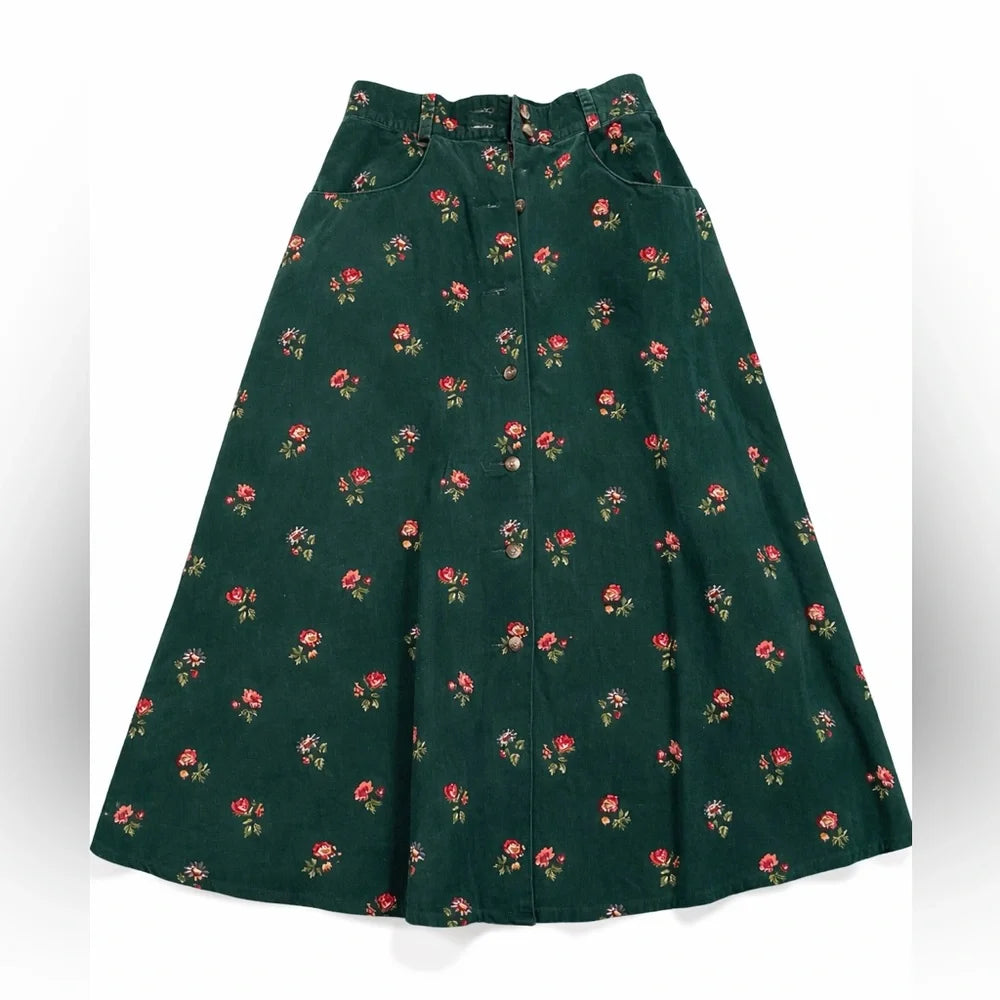 jupe longue velour cordé floral - Vintage